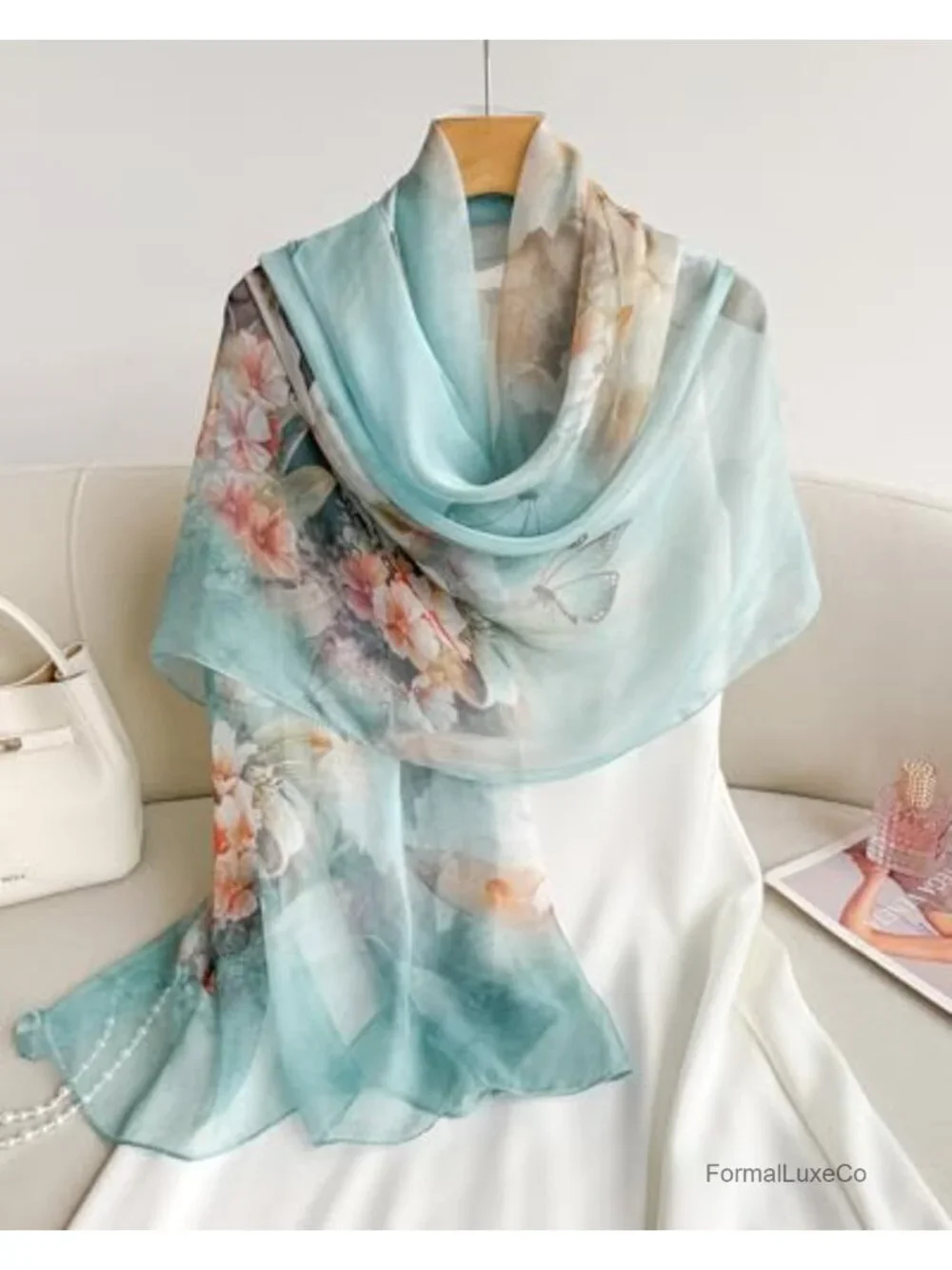 100% Mulberry Silk Chiffon Scarf 69x43 in Large Shawl Wrap Lightweight